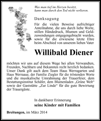 Traueranzeige von Willibald Diener von Südthüringer Presse