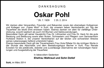 Traueranzeige von Oskar Pohl von Südthüringer Presse
