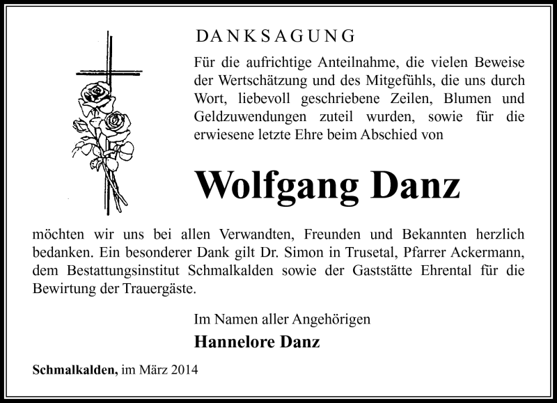  Traueranzeige für Wolfgang Danz vom 26.03.2014 aus Südthüringer Presse