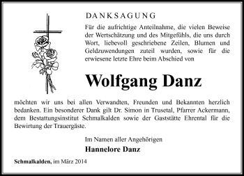 Traueranzeige von Wolfgang Danz von Südthüringer Presse