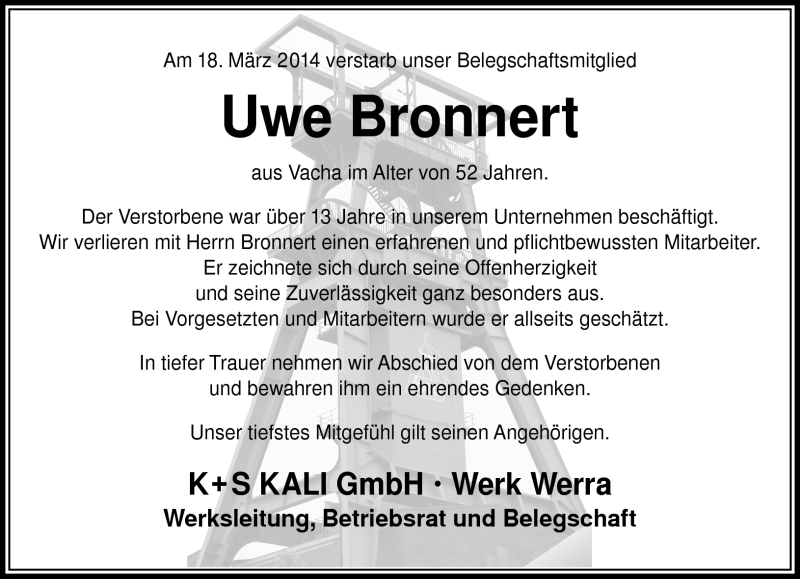  Traueranzeige für Uwe Bronnert vom 26.03.2014 aus Südthüringer Presse