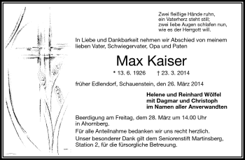 Traueranzeige von Max Kaiser von Frankenpost