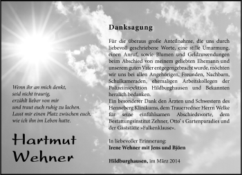 Traueranzeige von Hartmut Wehner von Südthüringer Presse
