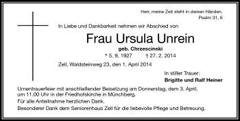 Traueranzeige von Ursula Unrein von Frankenpost