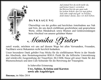 Traueranzeige von Monika Pfister von Südthüringer Presse