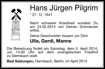 Traueranzeige von Hans Jürgen Pilgrim von Südthüringer Presse