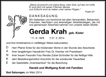 Traueranzeige von Gerda Krah von Südthüringer Presse