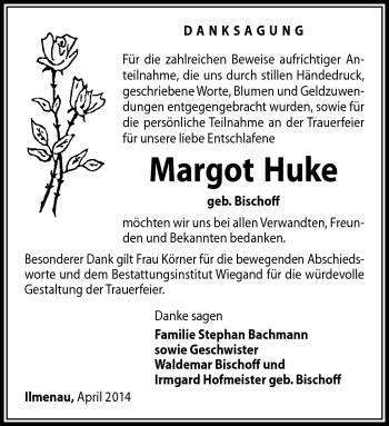 Traueranzeige von Margot Hüke von Südthüringer Presse