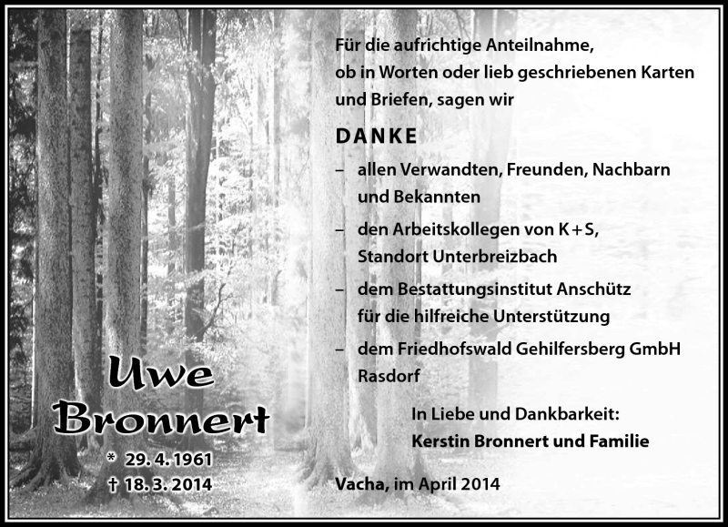 Traueranzeige für Uwe Bronnert vom 19.04.2014 aus Südthüringer Presse