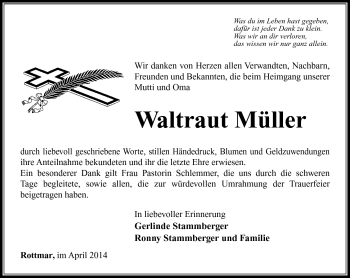 Traueranzeige von Waltraut Müller von Südthüringer Presse