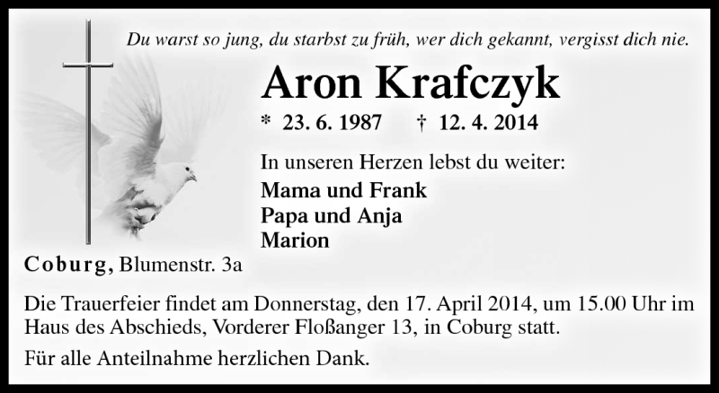  Traueranzeige für Aron Krafczyk vom 16.04.2014 aus Neue Presse Coburg