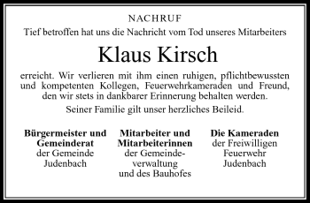 Traueranzeige von Klaus Kirsch von Südthüringer Presse