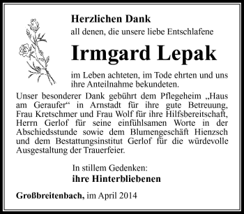 Traueranzeige von Irmgard Lepak von Südthüringer Presse