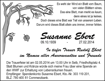 Traueranzeige von Susanne Ebert von Frankenpost