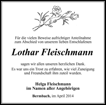 Traueranzeige von Lothar Fleischmann von Südthüringer Presse