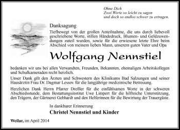 Traueranzeige von Wolfgang Nennstiel von Südthüringer Presse
