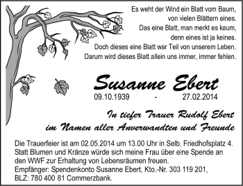 Traueranzeige von Susanne Ebert von Frankenpost