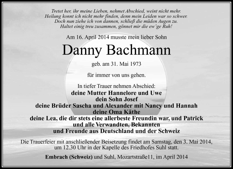  Traueranzeige für Danny Bachmann vom 30.04.2014 aus Südthüringer Presse
