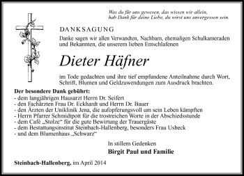 Traueranzeige von Dieter Häfner von Südthüringer Presse