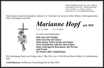 Traueranzeige von Marianne Hopf von Südthüringer Presse
