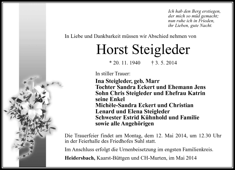  Traueranzeige für Horst Steigleder vom 07.05.2014 aus Südthüringer Presse