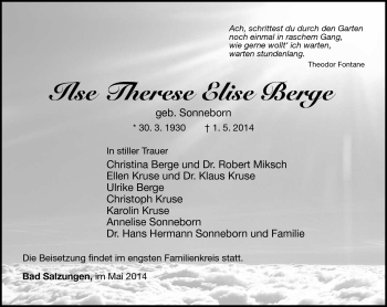 Traueranzeige von Ilse Therese Elise Berge von Südthüringer Presse