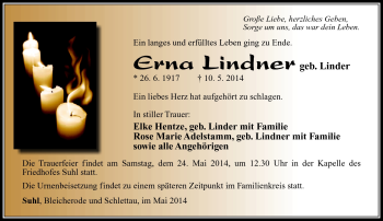 Traueranzeige von Erna Lindner von Südthüringer Presse