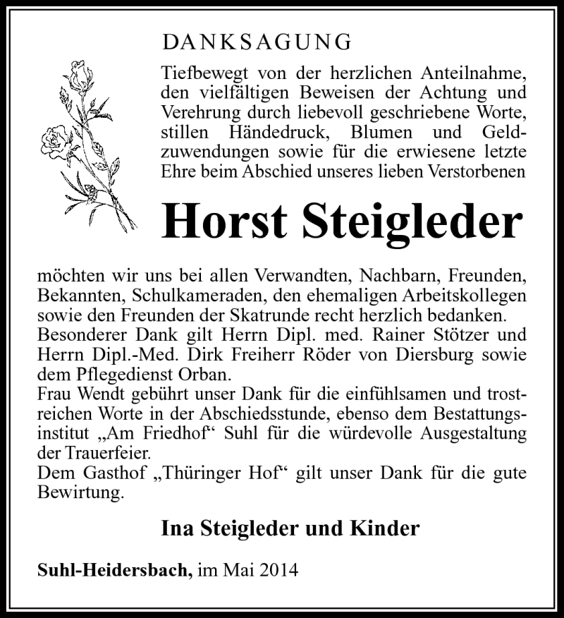  Traueranzeige für Horst Steigleder vom 17.05.2014 aus Südthüringer Presse