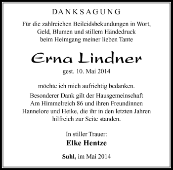 Traueranzeige von Erna Lindner von Südthüringer Presse
