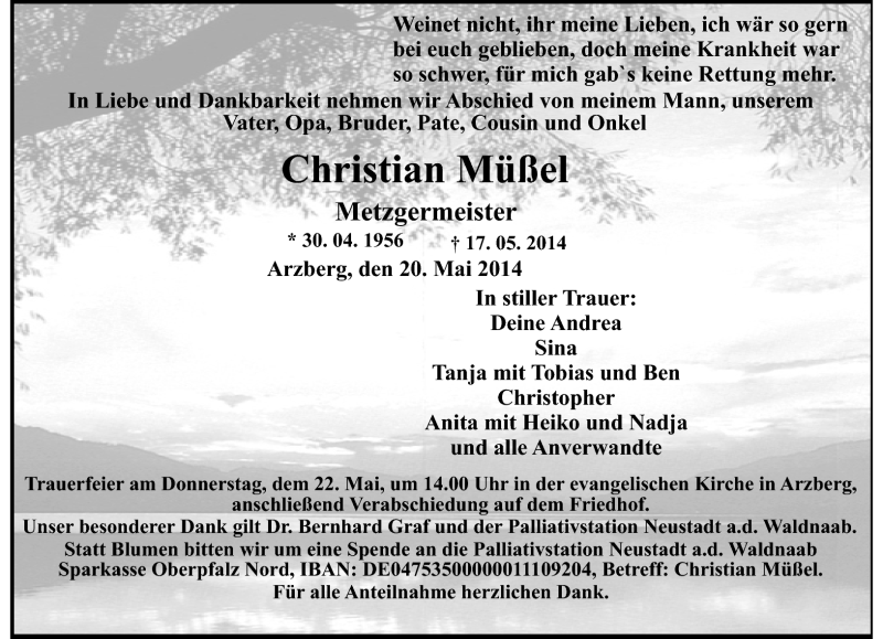  Traueranzeige für Christian Müßel vom 20.05.2014 aus Frankenpost