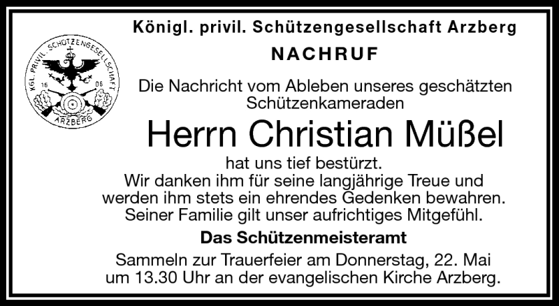  Traueranzeige für Christian Müßel vom 21.05.2014 aus Frankenpost
