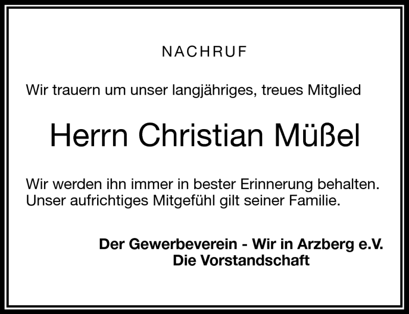  Traueranzeige für Christian Müßel vom 23.05.2014 aus Frankenpost