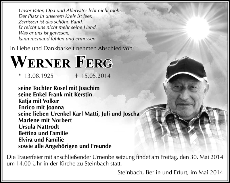  Traueranzeige für Werner Ferg vom 27.05.2014 aus Südthüringer Presse