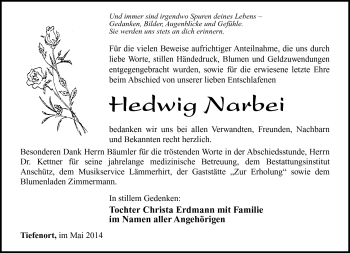 Traueranzeige von Hedwig Narbei von Südthüringer Presse