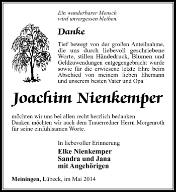 Traueranzeige von Joachim Nienkemper von Südthüringer Presse
