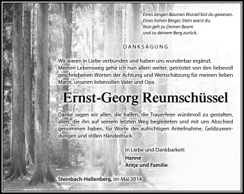 Traueranzeige von Ernst-Georg Reumschüssel von Südthüringer Presse