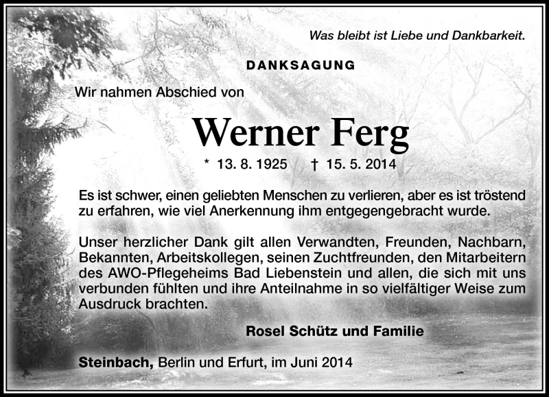  Traueranzeige für Werner Ferg vom 07.06.2014 aus Südthüringer Presse