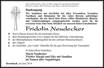 Traueranzeige von Fridolin Neudecker von Südthüringer Presse