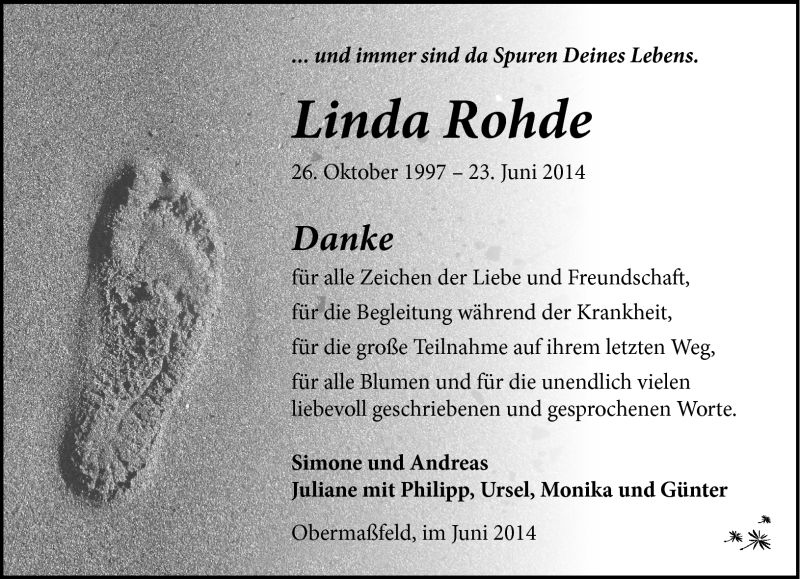  Traueranzeige für Linda Rohde vom 12.07.2014 aus Südthüringer Presse
