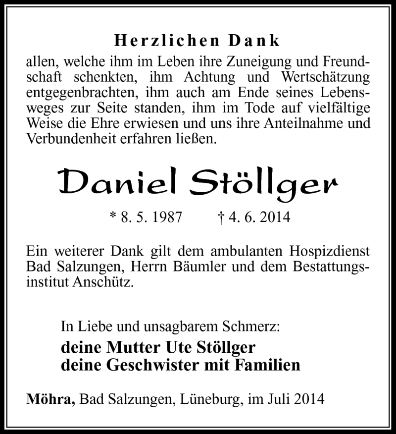  Traueranzeige für Daniel Stöllger vom 12.07.2014 aus Südthüringer Presse