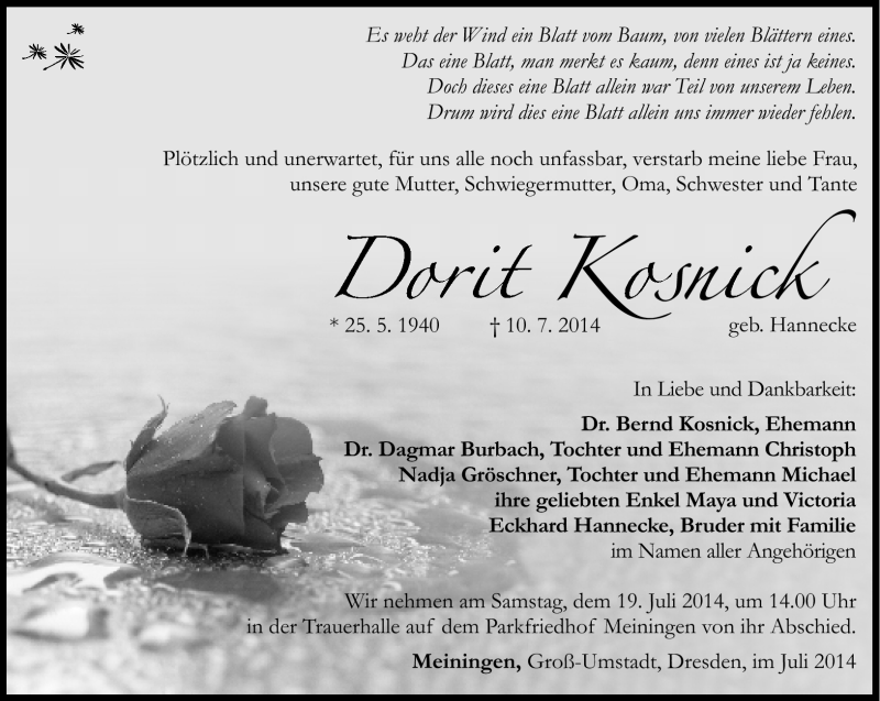  Traueranzeige für Dorit Kosnick vom 12.07.2014 aus Südthüringer Presse