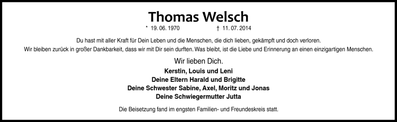  Traueranzeige für Thomas Welsch vom 16.07.2014 aus Neue Presse Coburg