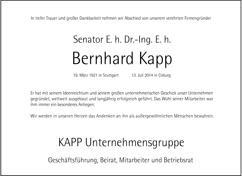  Traueranzeige für Bernhard Kapp vom 16.07.2014 aus Neue Presse Coburg