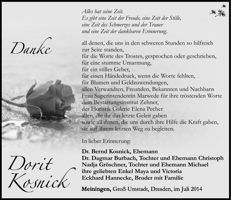  Traueranzeige für Dorit Kosnick vom 26.07.2014 aus Südthüringer Presse