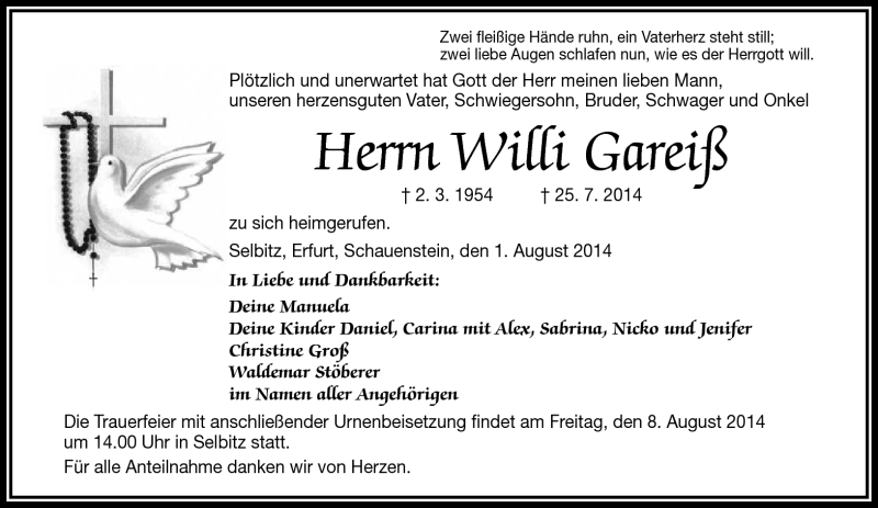  Traueranzeige für Willi Gareiß vom 01.08.2014 aus Frankenpost