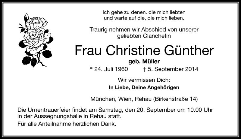  Traueranzeige für Christine Günther vom 12.09.2014 aus Frankenpost