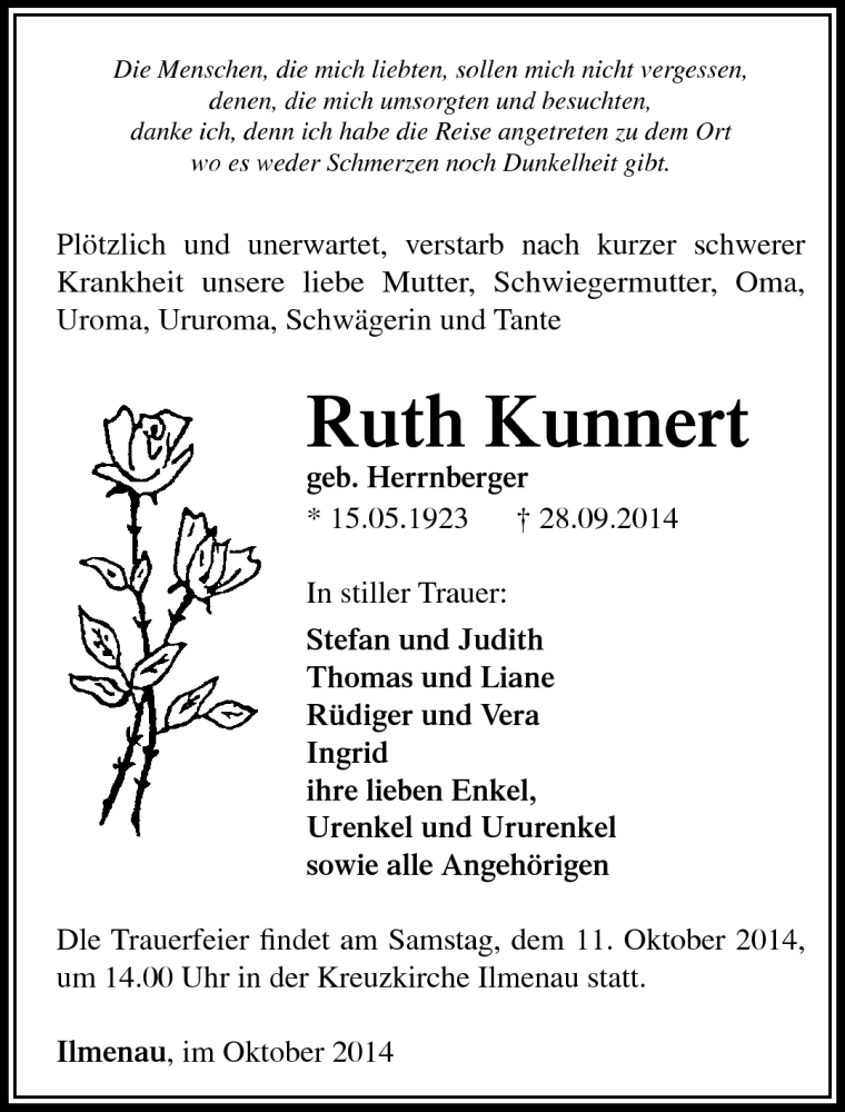  Traueranzeige für Ruth Kunnert vom 03.10.2014 aus Südthüringer Presse