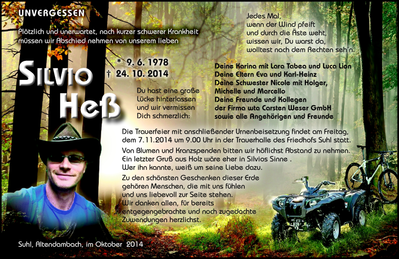  Traueranzeige für Silvio Heß vom 31.10.2014 aus Südthüringer Presse