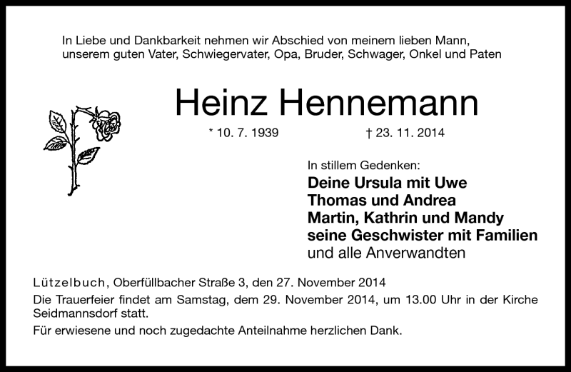  Traueranzeige für Heinz Hennemann vom 27.11.2014 aus Neue Presse Coburg