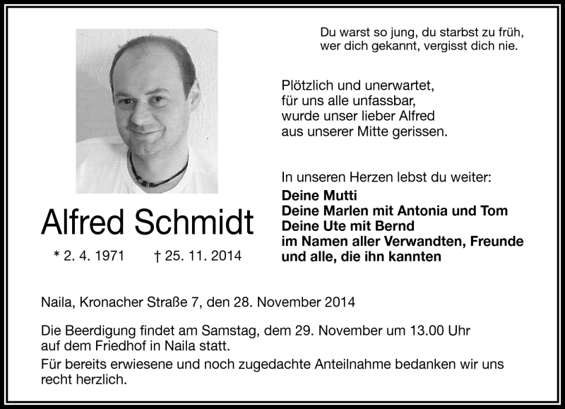  Traueranzeige für Alfred Schmidt vom 28.11.2014 aus Frankenpost